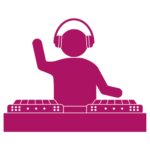 Pink cartoon icon of DJ at DJ decks