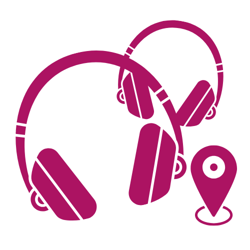 Pink cartoon icon of two silent disco headsets and map pin